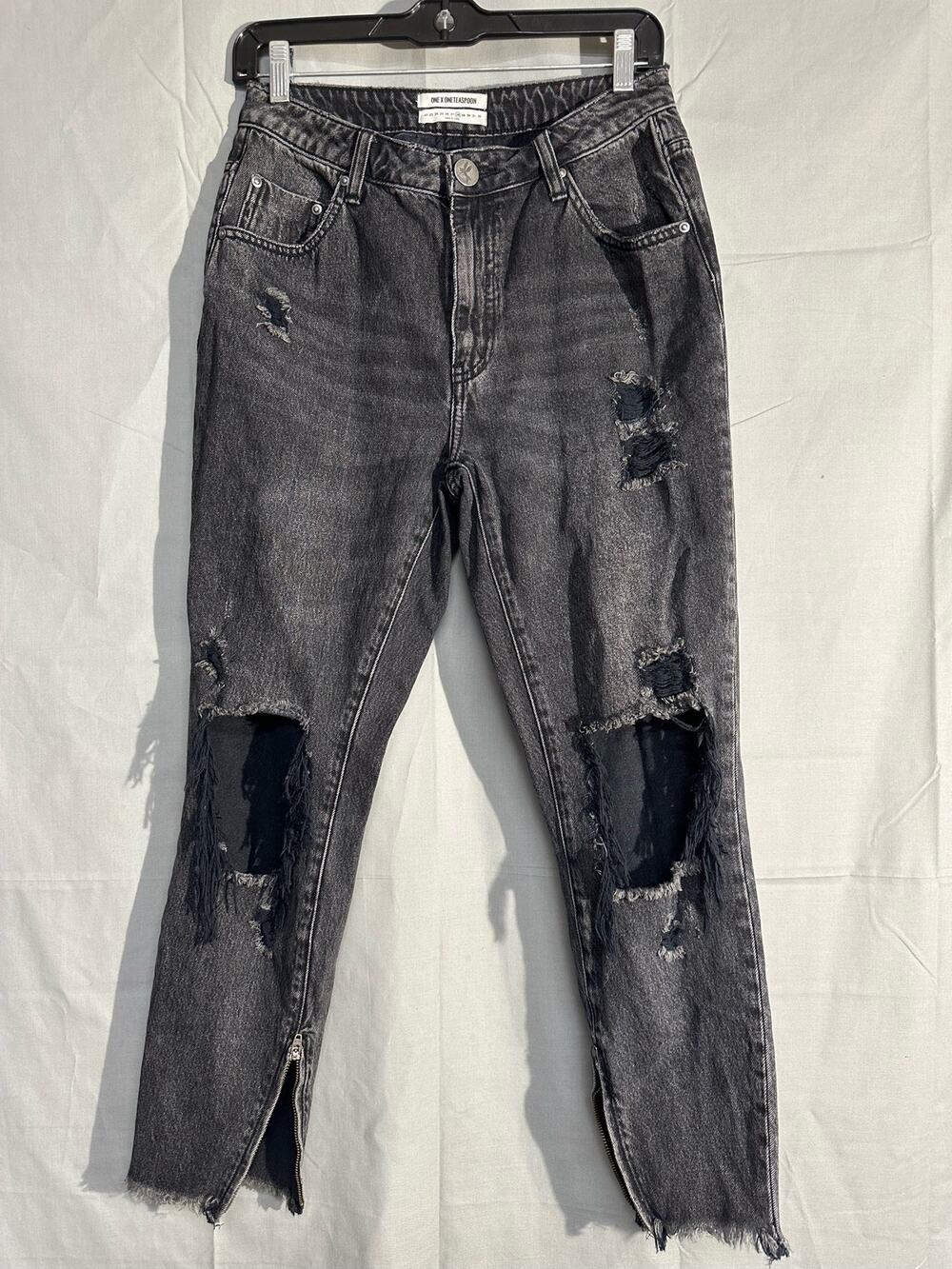 One Teaspoon Jeans Womens 28 Black High Waist Freebird Distressed Zip Ankle Crop